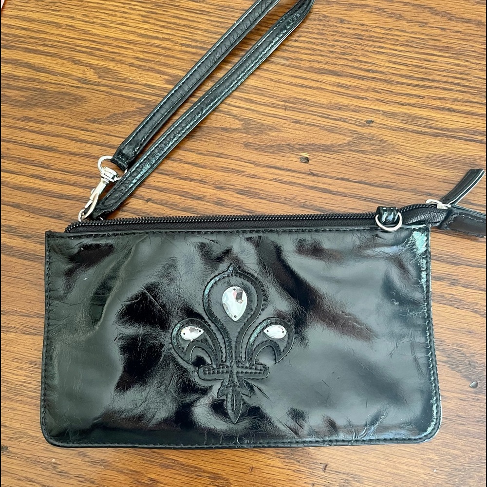 Patent leather black wristlet with rhinestones